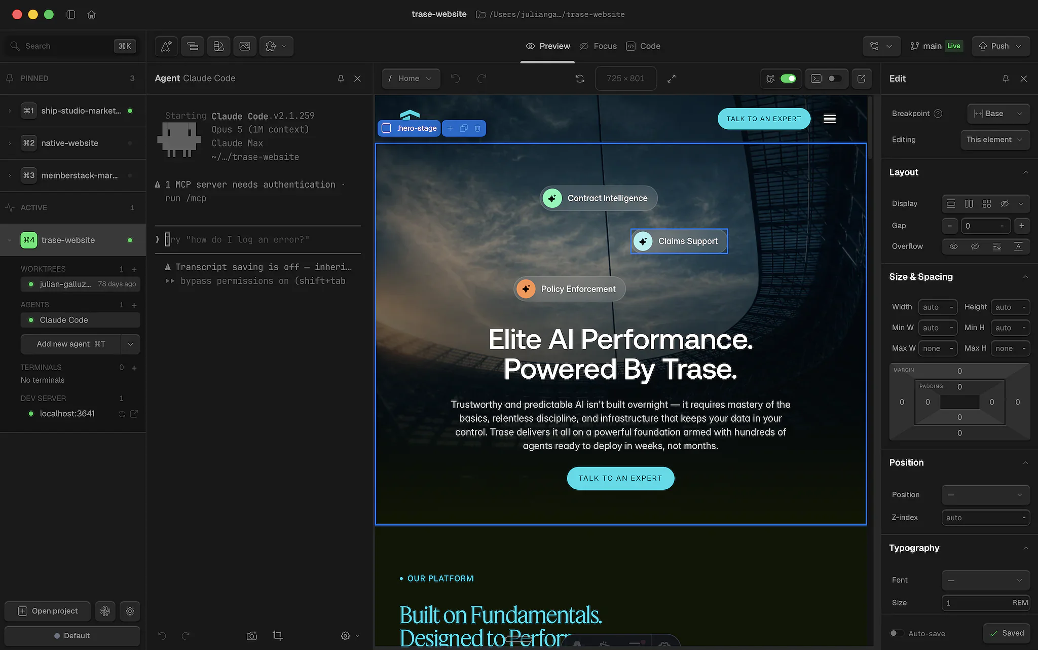 The Ship Studio app: the agent on the left, the live preview in the middle, and the visual edit panel on the right