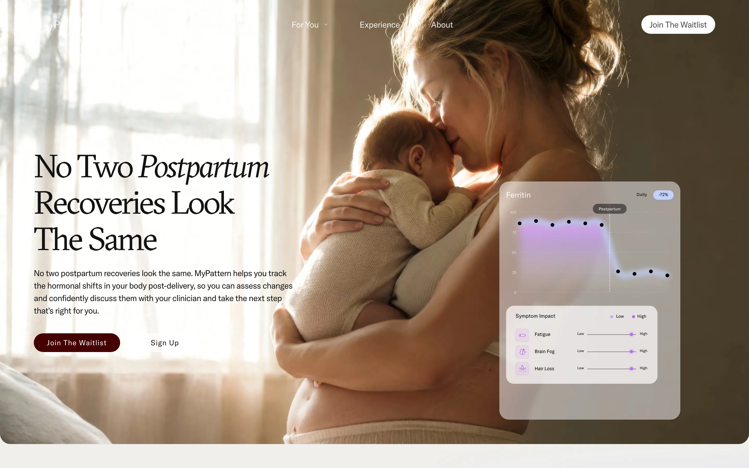 The Postpartum page: a mother holding her newborn beside the headline No Two Postpartum Recoveries Look The Same, with a symptom chart card