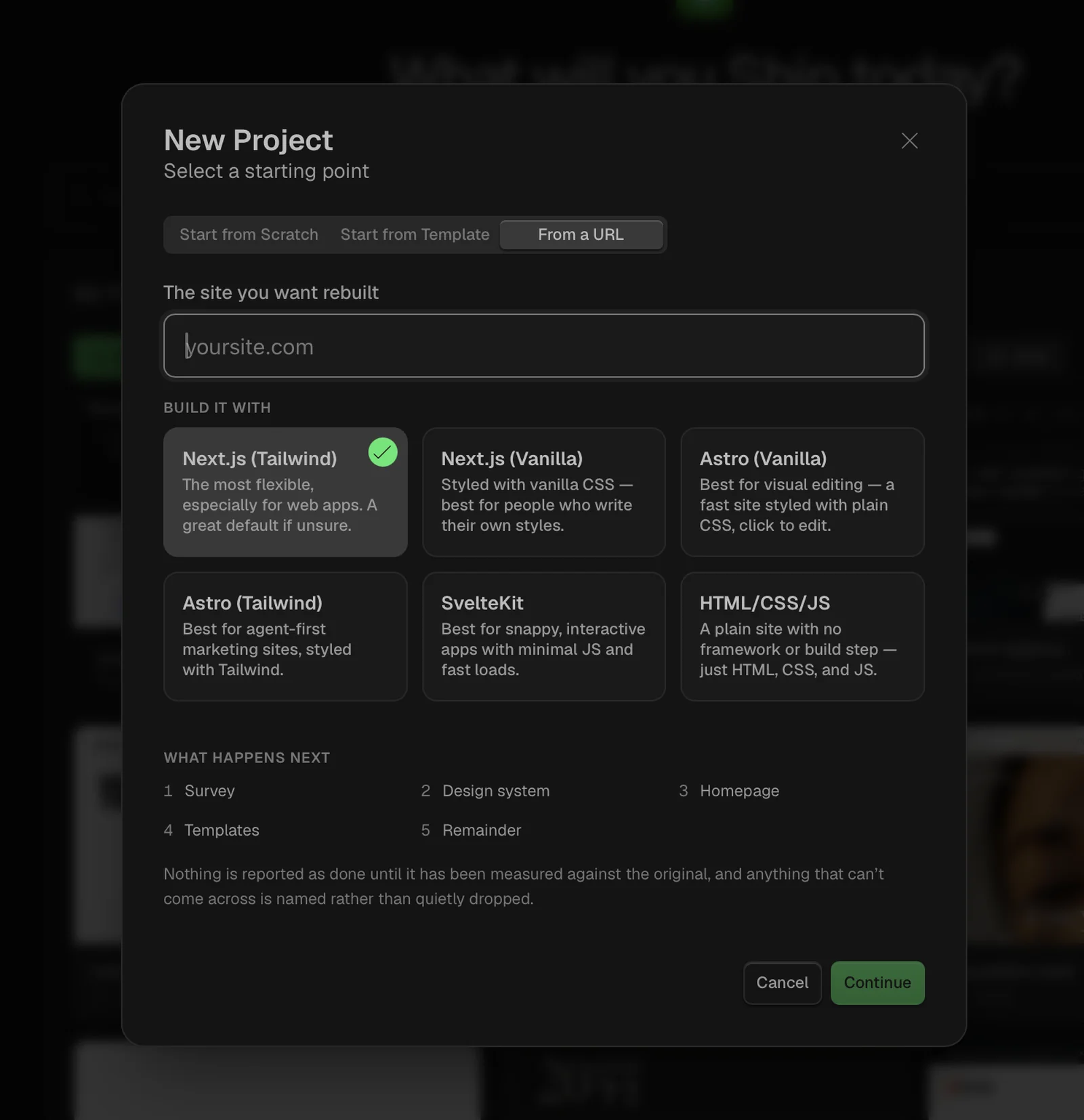 Ship Studio's new project dialog, rebuilding an existing site from its URL into a chosen stack